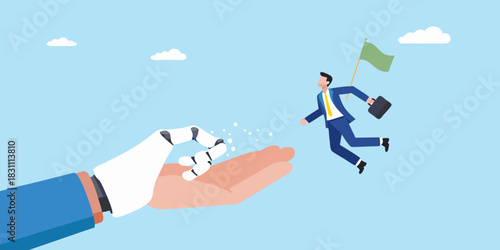 Robot hand assisting businessman reaching for goal with flag