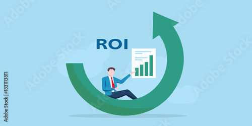 Businessman shows positive roi with upward trending graph and arrow