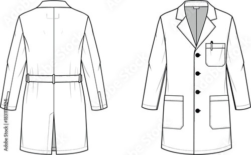 Technical fashion flat vector illustration of unisex lab coat, button-front, notched collar, pockets, long sleeve medical workwear apparel template