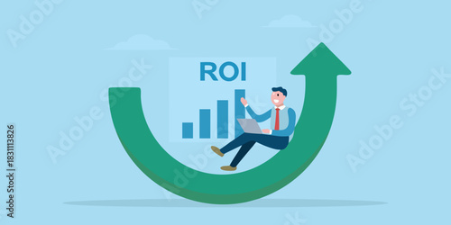 Businessman on upward arrow with roi graph and laptop