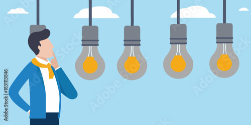 Man thinking about multiple light bulb ideas hanging in the sky