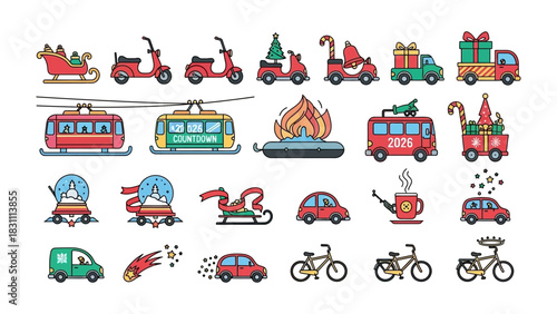 Christmas transportation icons: A festive collection of christmas vehicle, sleigh, snow globe, fire pit, snow, car, with a touch of holiday cheer, perfect for seasonal designs.