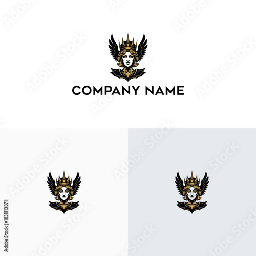 Mythical winged goddess with a golden helmet and majestic wings, a powerful female warrior mascot emblem symbolizing strength