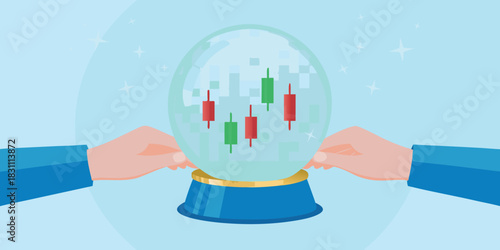 Crystal ball showing stock market candlestick chart predicting future trends