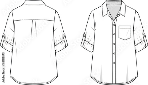 Technical fashion flat vector illustration of women's short sleeve shirt, button-down, roll-up cuff, front pocket, casual collared blouse template
