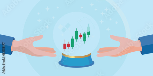 Hands reaching towards a crystal ball showing stock market candlestick chart