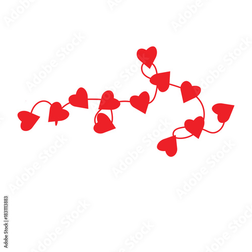 Decorative red heart garland flowing gracefully on a white background for a festive occasion