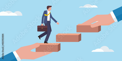 Businessman climbing stairs supported by hands symbolizing career growth and support