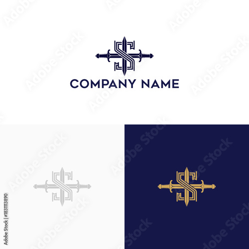 Elegant Monogram Logo Design Featuring Crossed Swords and Ornate Accents