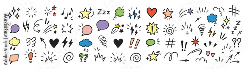 Bright cartoon doodle emotion elements, expressive comic icons, speech bubbles and accent symbols set on transparent background.