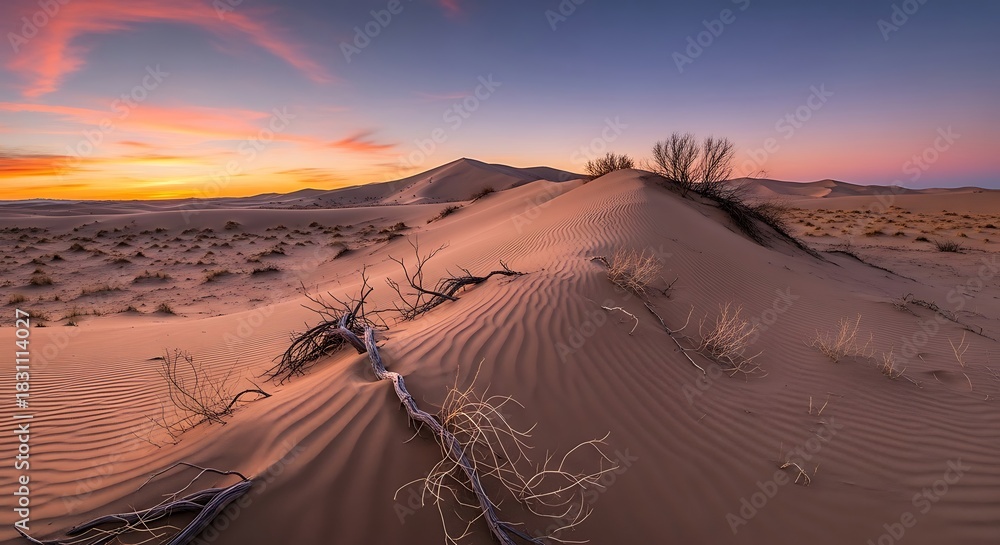 Naklejka premium Colorful Sunset Over Desert Dunes Landscape