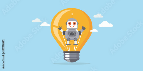 Cute robot with a happy face inside a glowing light bulb with clouds
