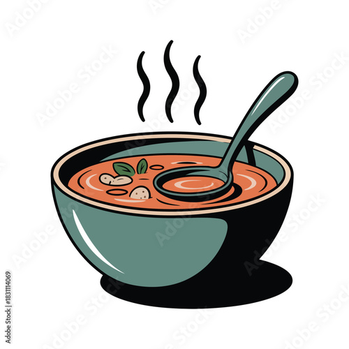 A steaming bowl of tomato soup with a spoon is ready to be eaten.