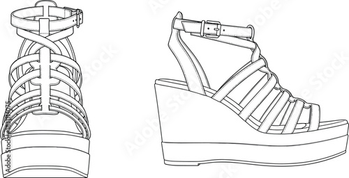 Women's Strappy Wedge Sandal Technical Flat, High Platform Shoe Outline, Fashion Footwear Design Blueprint, Ankle Strap Vector