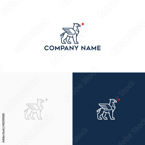 Elegant griffin logo with a guiding star, a majestic mythical creature symbol in a modern monoline style for a corporate brand