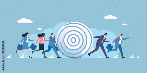Business people running towards a large target in a race for success
