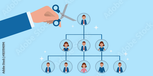 Hand cutting organizational chart with scissors symbolizing layoffs