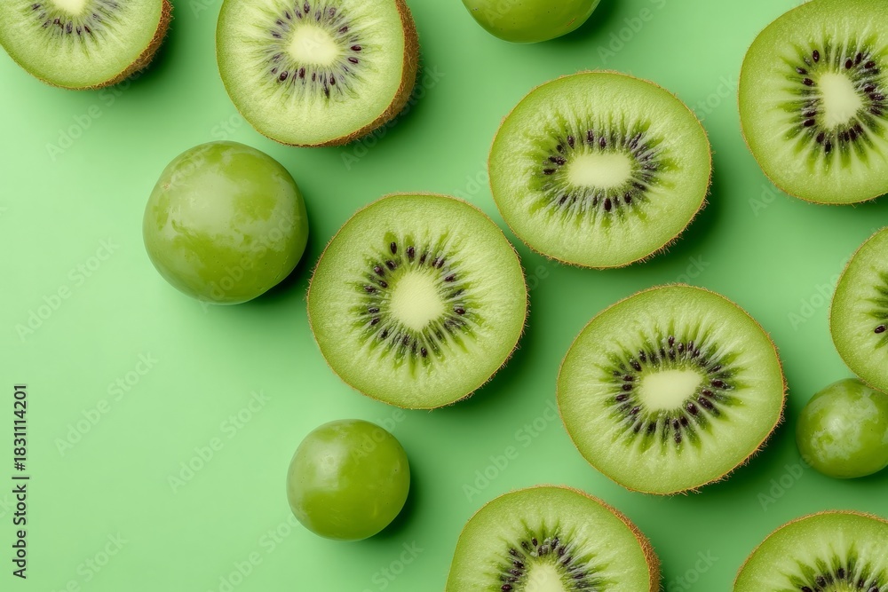 Fototapeta premium Fresh kiwi fruit slices and green grapes creating a pattern