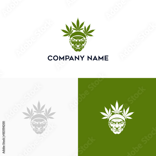 Bold logo design of a tribal chief mascot with a headdress made of green cannabis leaves for a brand identity