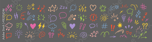 Doodle emotion cartoon expressive elements icon set colorful hand drawn symbols
