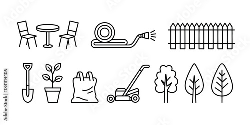 Outline illustrations of garden furniture tools and plants on a white background