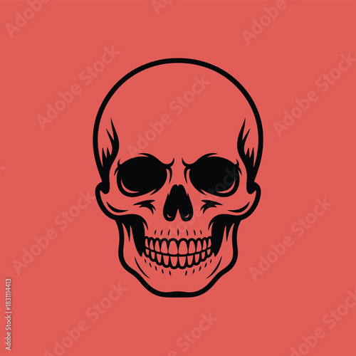 A stylized illustration of a human skull against a solid background.