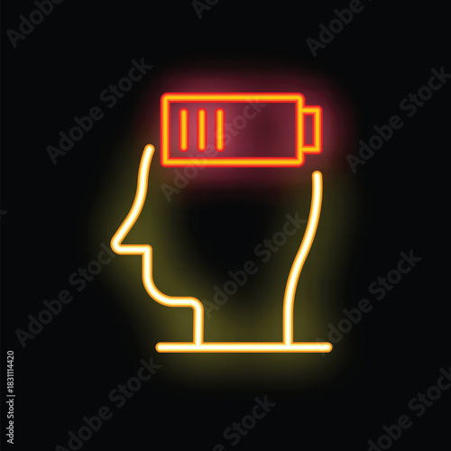 Neon sign showing a battery with a low charge level over a human head is representing a state of mental fatigue