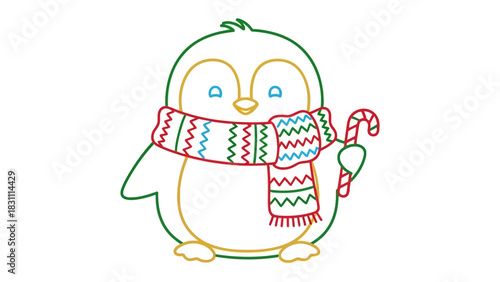 Festive Penguin with Candy Cane: A charming, friendly penguin is adorned with a colorful scarf and clutches a sweet candy cane, exuding joy and holiday spirit.