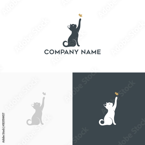 Adorable black cat reaching up towards a delicate butterfly, cute logo design concept