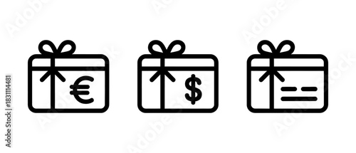 Three gift card icons displaying euro dollar and generic card design in black