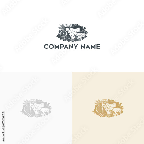 Hand-drawn illustration of a food platter with various ingredients in three different color variations and a placeholder for company name