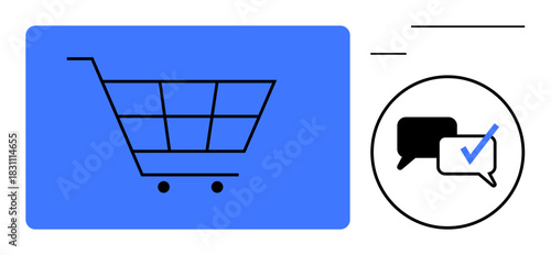 Shopping cart alongside dialog balloons with a checkmark signifies online shopping, customer feedback, approvals, and streamlined e-commerce processes. Ideal for e-commerce, feedback, approval