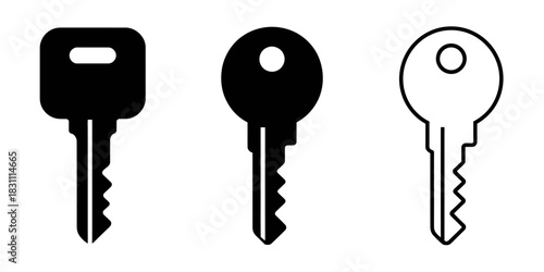 Three key illustrations in black and white showing different key designs