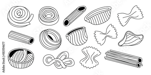 Illustration of various pasta types including farfalle penne and tagliatelle shapes