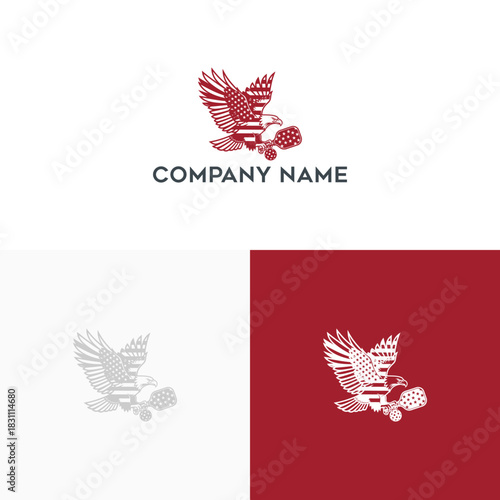 Majestic eagle logo design with patriotic patterned wings, clutching a sphere, symbolizing strength, freedom, and spirited competition. A powerful brand identity emblem