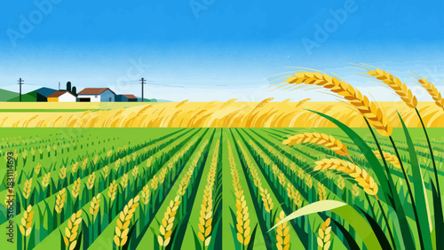 This bright, flat-style illustration depicts a lush green rice field under a sunny blue sky with clouds, backed by distant mountains, capturing a peaceful rural agricultural landscape.