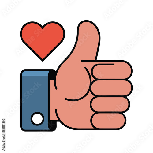 A red heart symbol hovers above a thumbs-up gesture, indicating approval.