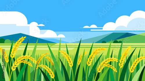 This bright, flat-style illustration depicts a lush green rice field under a sunny blue sky with clouds, backed by distant mountains, capturing a peaceful rural agricultural landscape.
