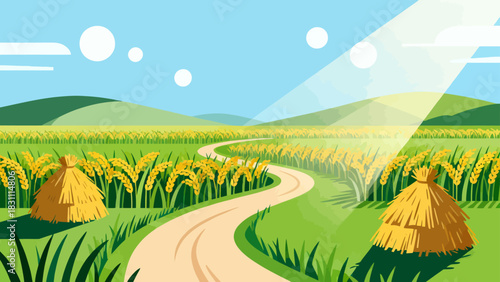 This bright, flat-style illustration depicts a lush green rice field under a sunny blue sky with clouds, backed by distant mountains, capturing a peaceful rural agricultural landscape.