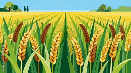 This bright, flat-style illustration depicts a lush green rice field under a sunny blue sky with clouds, backed by distant mountains, capturing a peaceful rural agricultural landscape.