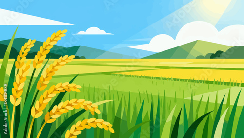 This bright, flat-style illustration depicts a lush green rice field under a sunny blue sky with clouds, backed by distant mountains, capturing a peaceful rural agricultural landscape.