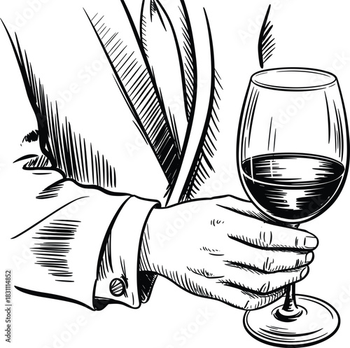 Hand Holding Wine Glass Engraving Vector Illustration, Man in Suit Sketch, Vintage Alcohol Beverage Graphic, Elegant Tasting Woodcut Design Element