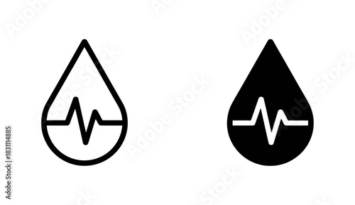 Two icons of a drop with a heartbeat line, one outline and one filled in