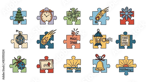 Puzzle of the Season: A colorful array of jigsaw puzzle pieces, each adorned with a festive holiday emblem, inviting a touch of creativity and whimsical fun.