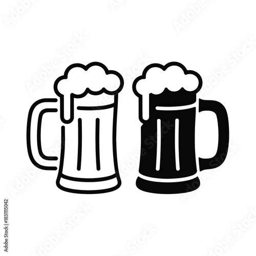 Two foamy beer mugs are depicted in a simple, iconic style.