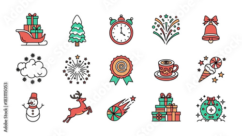 Holiday Icon Assortment: A festive assortment of holiday-themed icons, featuring a sleigh filled with presents, a snow-covered tree, a classic alarm clock, and more.