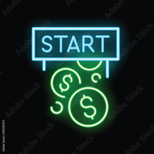 Neon icon of green dollar coins falling from starting line with start inscription