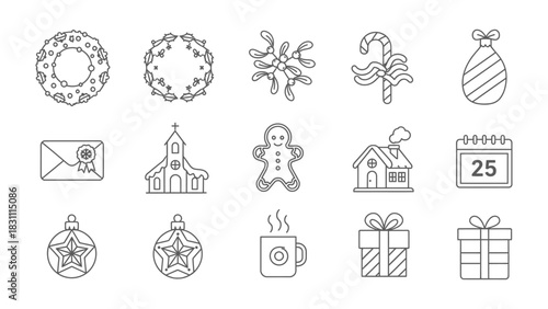 Festive Icons: A delightful assortment of festive icons, encompassing the spirit of Christmas. Showcasing a wreath, mistletoe, candy cane, ornament, envelope, church, gingerbread man, house, calendar.
