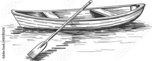 Wooden Rowboat with Oar Engraving Vector Illustration, Vintage Small Boat Sketch on Water, Nautical Transport Woodcut Graphic Design Element