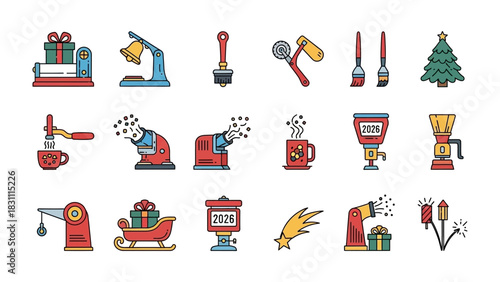 Festive Elements Collection: An illustrative collection of festive elements, symbolizing holiday cheer and celebratory spirit. This set includes an array of icons such as a gift, bell, hammer.